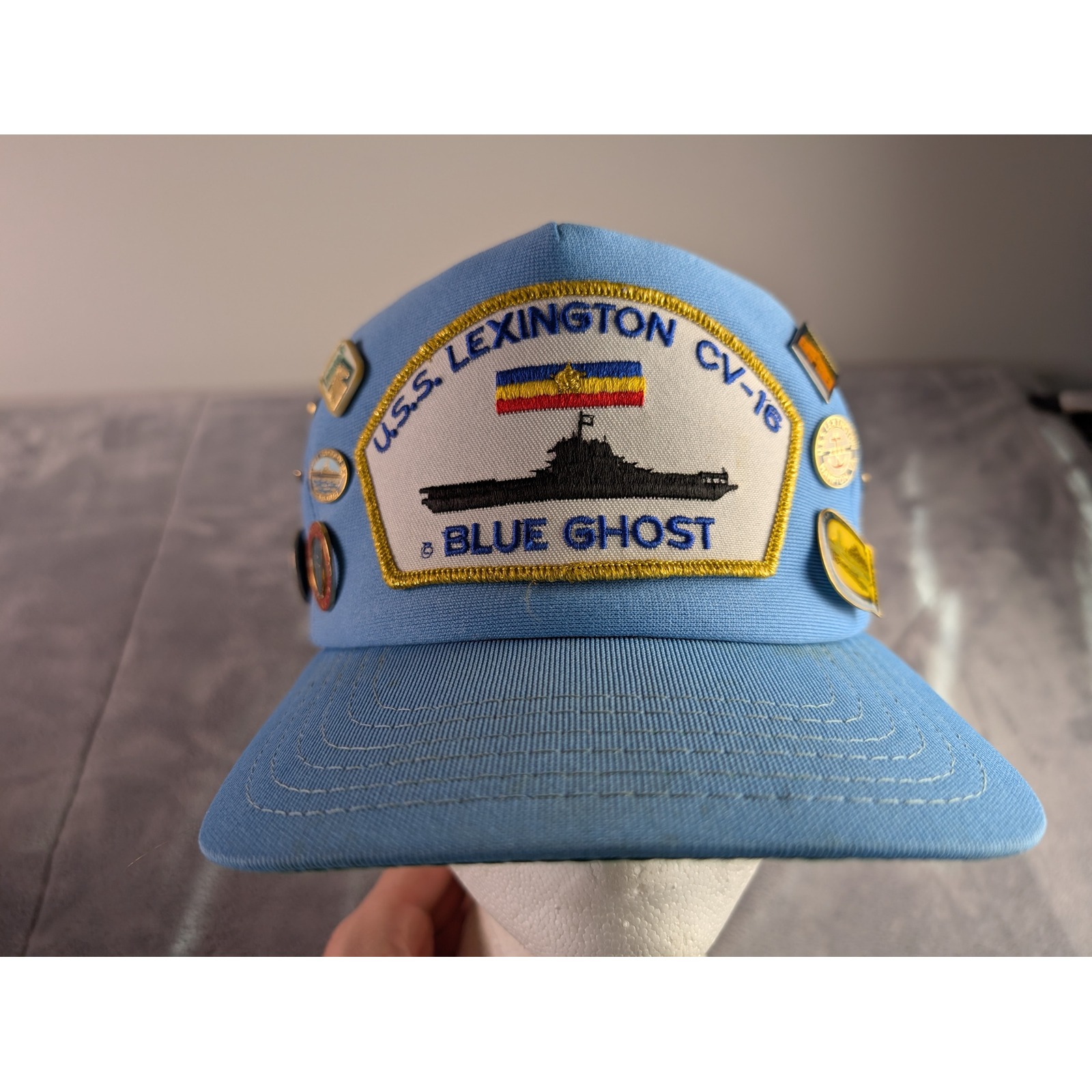 Vtg Uss Lexington Cv-16 New Era Trucker Hat Light Blue Snapback With Enamel Pins